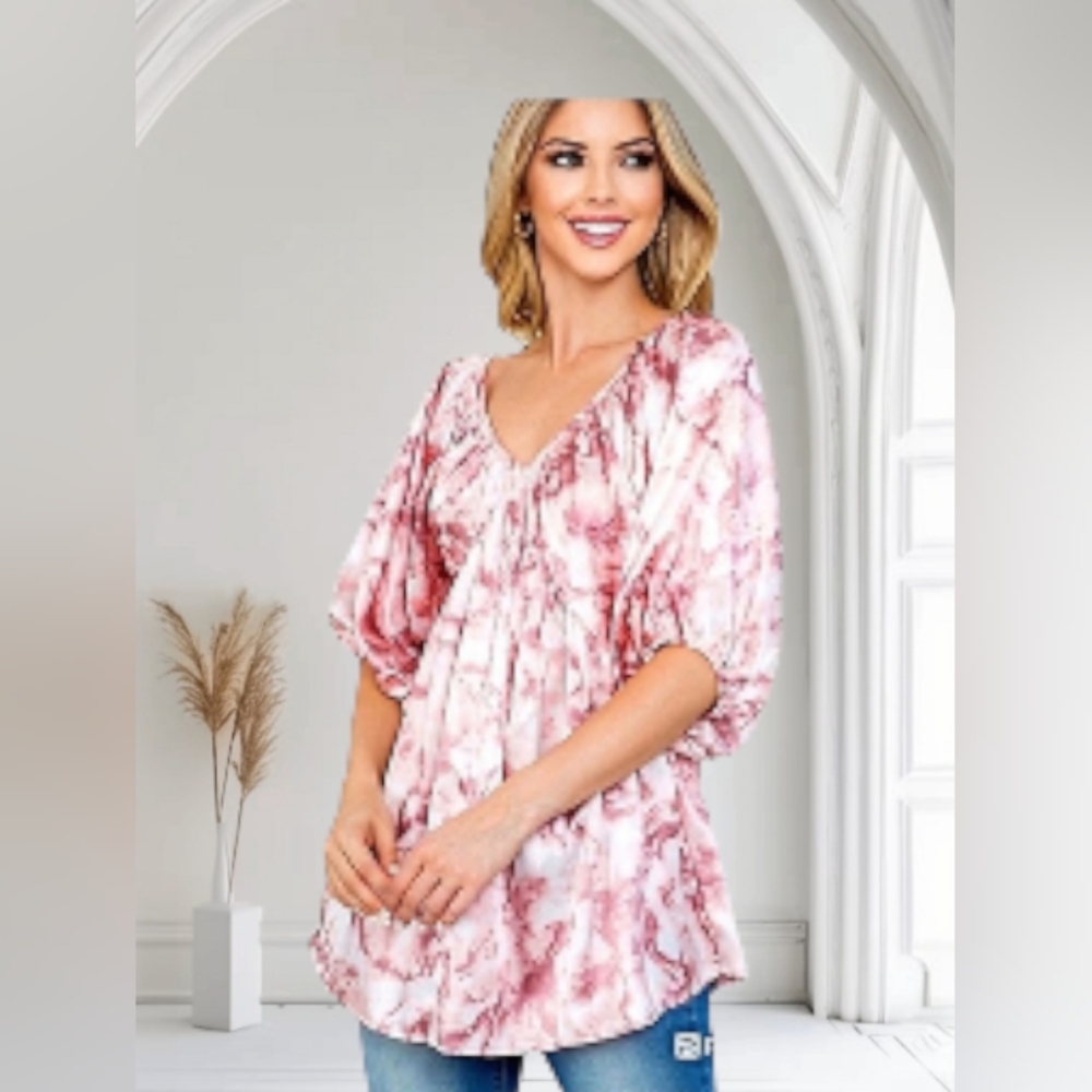 BEAUTIFUL SATIN MAUVE & WHITE TIE-DYE BLOUSE DOLMAN SLEEVES BOUTIQUE ITEM SIZE L